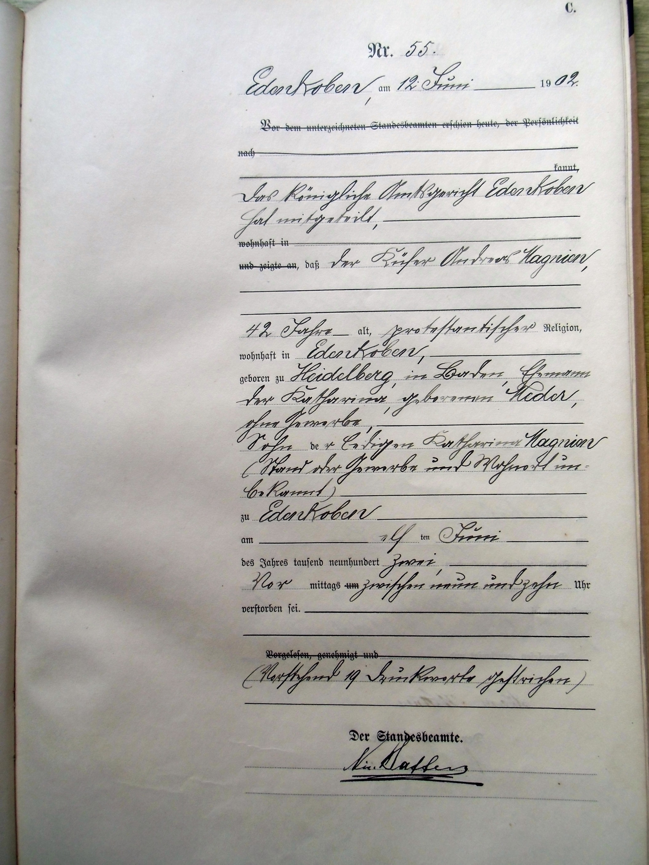 Edenkoben_Sterberegister Nr. 55/1902_Andreas Magnien