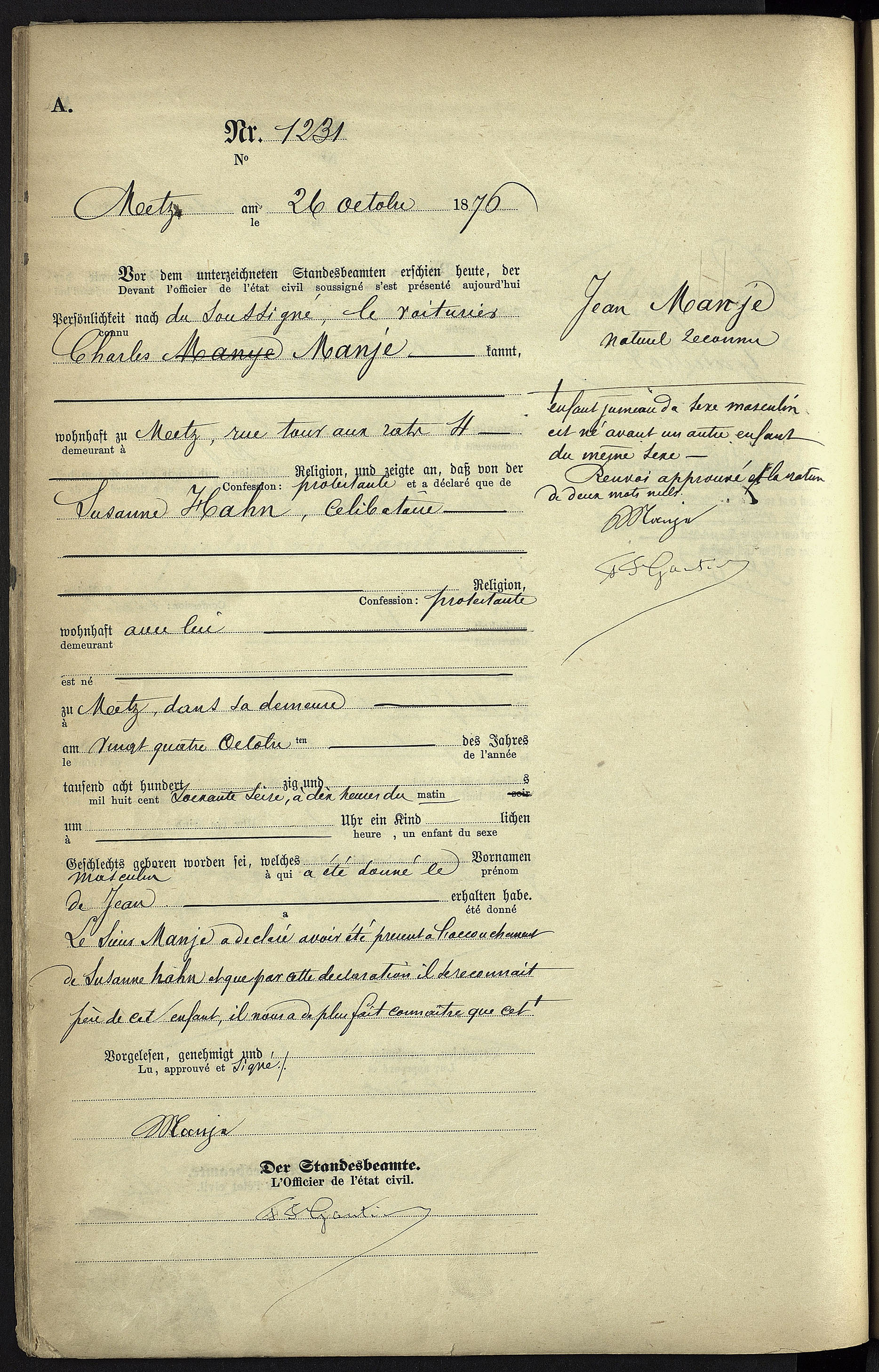 Geburtseintrag Johannes MAGNIE